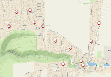 Mapa Ohrobce s vyznačením umístění kontejnerů na tříděný odpad