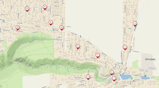 Mapa Ohrobce s vyznačením umístění kontejnerů na tříděný odpad